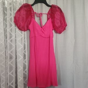 Altar'd State Vibrant Pink Mini Dress with Puff Sleeves